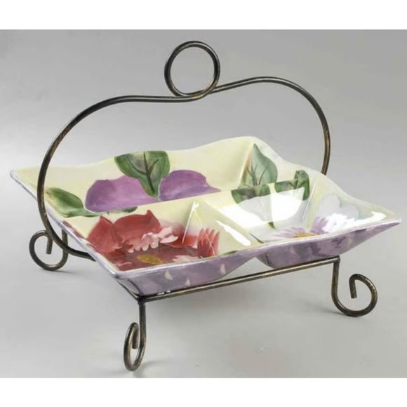 NEW Pfaltzgraff Flower Market Square Divided Server w/ Metal Rack
